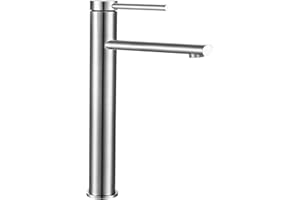PHASAT Robinet de salle de bain Haut Mitigeur Lavabo en Acier Inoxydable avec Bec Haut Robinet Vasque Chaud et Froid Réglable Mitigeur pour Vasque, Nickel PTMP13L