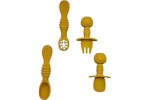 Silicone Self Feeding Baby Utensils 6-12 Months, Babies First Spoons, 3 Baby Spoon, 1 Baby Fork, Toddler Cutlery Set Bojiwavawd (Yellow)