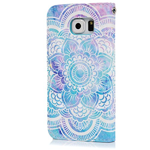 Lanveni Samsung Galaxy S6 Hülle, Handyhülle Samsung S6 Flip Case Cover PU Lederhülle Schutzhülle Magnetverschluss Ledertasche mit Stander Function Brieftasche Card Slot Handy Tasche mit Totem-Blume Cover Design + 1 x Stylus Stift + 1 x Staubdichte Stecker - 5