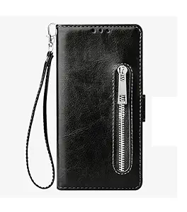 Teletel Zipper Series Flip Mobile Cover Pu Leather | Card & Cash Pockets | Magnetic Loop | Front Zip Lock Wallet Case (Black) for Samsung Galaxy J6 Plus +