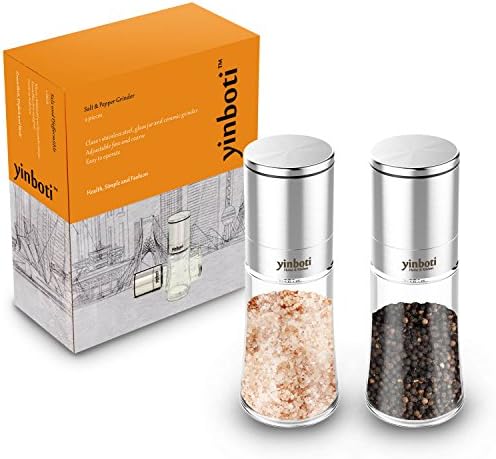 yinboti Salt and Pepper Grinder Set Manual Mills with Brushed Stainless Steel and Glass (Pack-2, No Spices Include)