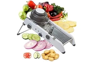 ADOV Mandoline de Cuisine, Lame Acier Inoxydable Mandoline de Professionnelle, Multifonction Coupe Légumes avec Gants Sécurité, Réglable Râpe Hachoir Julienne pour Fruits Pomme de Terre Oignon Tomate