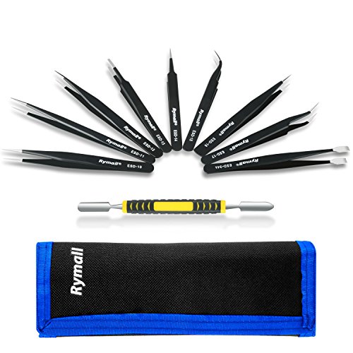 Rymall 9 pcs Anti-Statik-Edelstahl + Brechstange Toolkit, ESD präzise Pinzette gerade gebogen anatomisch Reparatur Tools für Elektronik, Schmuckherstellung, Industrie, Schwarz - 3