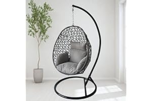 HIRIX Alivio Rattan Hanging Egg Chair Basket Chair with Cushions, Swing Egg Chair for Indoor Outdoor Patio Garden 94.5 x 194.5cm, Weather Resistant Free Standing Egg Chair 150kg Capacity