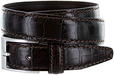 Avnet Men Dark Brown Sleek 100% Leather Alligator Silver Buckle 30mm Wide Belt,Brown 38
