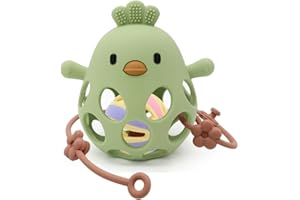 M MARIE MADELEINE EMPORIUM Marie Madeleine Pollito Sonajero y Mordedor, Juguete para Bebé 6 meses, Mordedor Bebe Refrigerante, Juguetes bebes 6-12 meses, Sonajero Recien Nacido, Brinquedo bebe (Verde con Bolita y Correa)