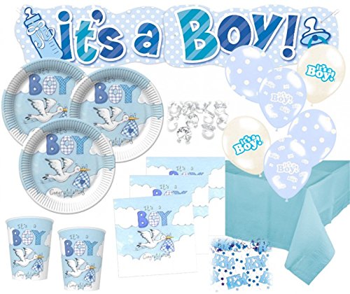 NEU 67 Teile Baby Shower Deko Set Storch Hellblau 16 Personen