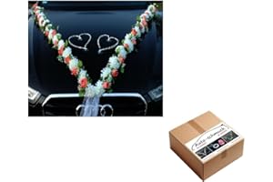 AUTO-SCHMUCK SO EINFACH SO KREATIV VIP Guirlande de 30 azalées, 30 roses, 18 ventouses extra puissantes, 2 x 180 cm, 4 décorations de poignées de porte, 2 cœurs en rotin, décoration de voiture, mariage, voiture, mariage