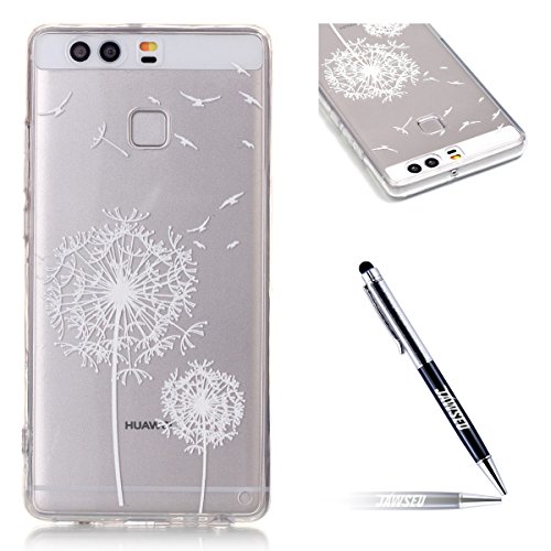 Huawei P9 Schutzhülle,Huawei P9 Hülle,JAWSEU Niedlich Weiß Löwenzahn Crystal Hart Kunststoff Back Schutzhülle mit TPU-Silikon Rahmen in Transparent Bumper PC Back Durchsichtig Cover Schutzhülle Etui Tasche für Huawei P9+1xSchwarz Glitzer Bling Eingabestift-Weiß Löwenzahn