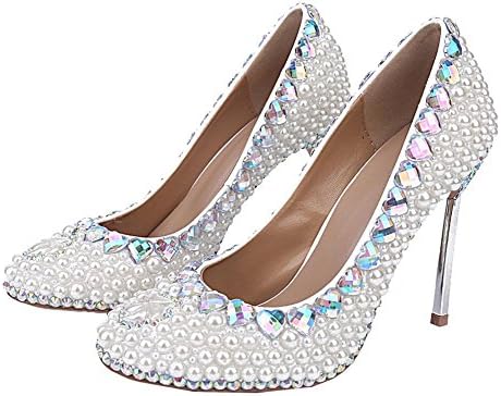 Crystal Shoes Women Thin High Heels Handmade White Pearl Diamond Leather Wedding Party Nightclub Evening Pumps Bride Bridesmaids Sandals . White . 34
