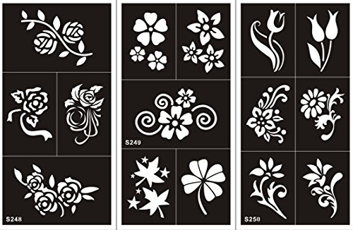 STENCILS TEMPLATE TATTOO SELF ADHESIVE Set of 3 Sheets- single use S248-250 suitable for Henna Tattoo Glitter Tattoo and Airbrush Tattoo