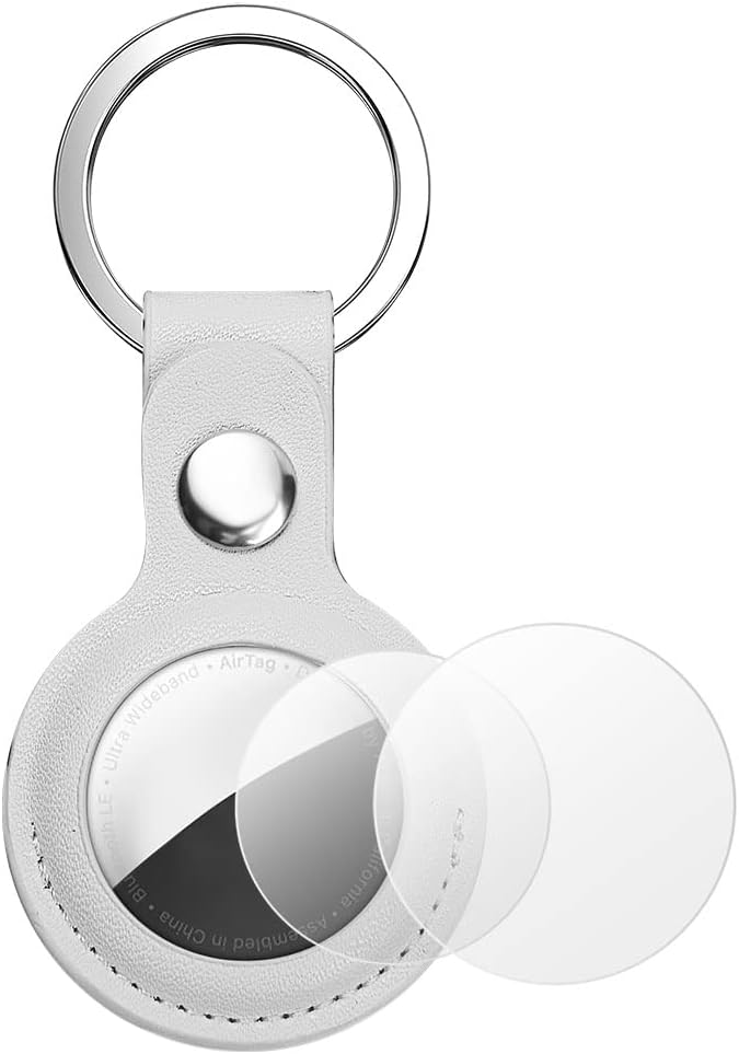 AXFEE Llavero para AirTag Cuero, Llaveros AirTag Funda Protectora con Película Protectora, Llavero Portátil Impermeable, Localizador para Llaves, Mascotas y Mochilas(Blanco)
