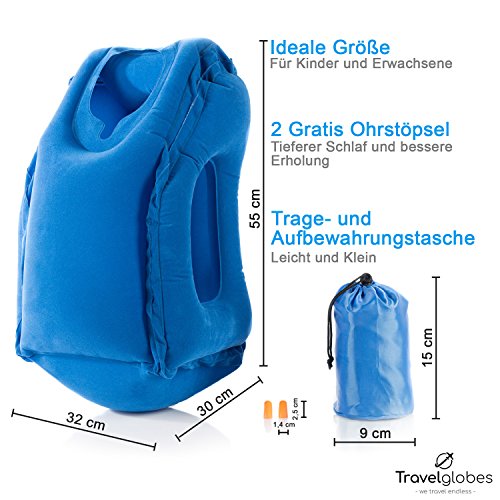 Original Reisekissen von Travelglobes – Multifunktionales innovatives leichtes Kopfkissen – aufblasbar, weiches Nackenkissen für bequemen Schlaf mit GRATIS Tragetasche, Ohrstöpsel, Anleitung Packliste - 5
