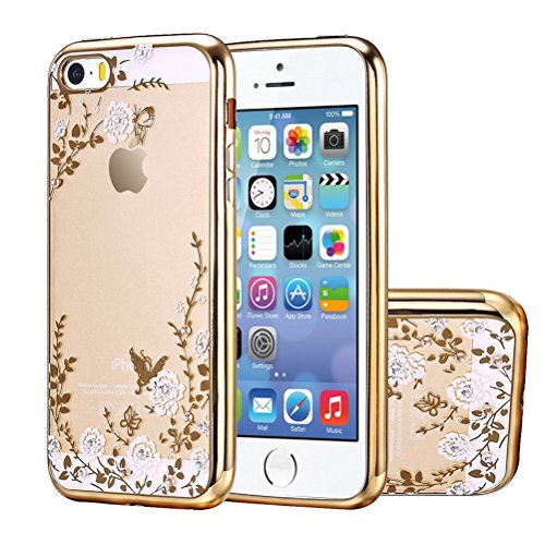 iPhone SE/5S/5 Hülle [Mit Frei HD Schutzfolie],CaseHome Weiße Blumen-Entwurf Ultradünnen TPU Fall [Geheimer Garten] Schmetterling Schutzhülle Kristall Löschen Bling Vergoldet Glitter transparent Silikon Tasche für iPhone SE/5S/5 - 3