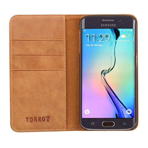 Funda Samsung Galaxy S6 Edge  Genuina Funda De Piel  Con Funci  n Stand Para El Samsung Galaxy S6 Edge  Dise  o Delgado  Ranura Para Tarjeta  Ranuras Para Billetes  Cierre Magn  tico  Marron  Hecho Por TORRO