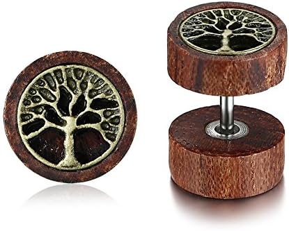 Vnox Antique Koa Wood Family Tree of Life Carved Dumbbell Stud Earrings Piercing Ear Plugs for Men Women