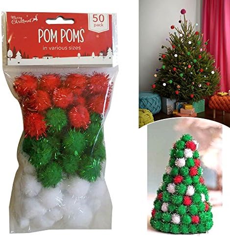 Christmas Pom Poms 50 Pack - Contains Assorted Size and Colours