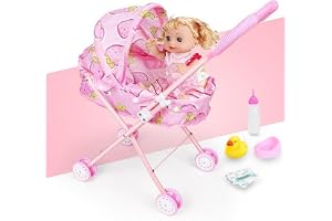 Lovely Strawberry Doll Stroller with Adjustable Handle | Child Friendly Pushchair Pram | 4 Pcs Lightweight Baby Stroller Set With Doll | Best Gift Girl Toy Doll Pram for Kids