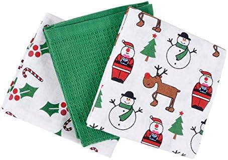 Home Edition Christmas Santa, Rudolph, Snowman &amp; Holly 100% Cotton Kitchen Tea Towels, Multi, 3 Pack