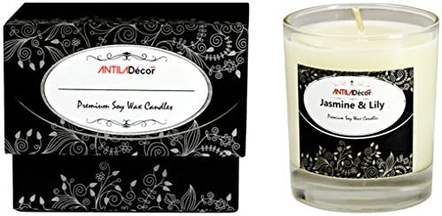 Luxury Jar Candle in Refreshing Floral Scent of Jasmine & Lily โ Clean Burning Pure Soy Wax Candle with Exotic Fragrance Made from Natural Oils and Elegantly Packed in Premium Box (Jasmine & Lily, 8x9cm)