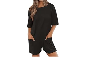 Keepink Oversized Rompers for Women 2024 Summer Casual Short Jumpsuits Half Sleeve Crew Neck Loose T-Shirt Romper with Pockets Athletic Workout Onesie Ladies Short Overalls Trendy