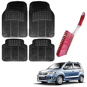 Riderscart PVC Rubber Car Foot Mat with Cleaning Hard Bristles Brush for Maruti Suzuki Wagon R Old (Black)