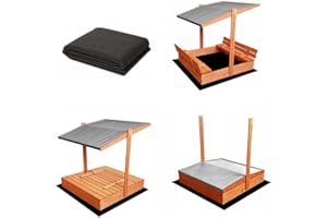 SUNWOOD Premium Imprägniert Sandkasten 120x120 mit Dach mit Sonnenschutz mit UV-Schutz Sandbox mit Abdeckung mit Sitzbänken mit Deckel mit Plane Sandkiste Sandkastenvlies Holz
