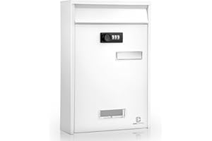 KINGCEPHAS Outside Wall-Mounted Mailbox with Combination Lock,Suggestion Box,Waterproof Postbox,High Rust Resistance Letterbox,Metal Code Lock,Easy to Install,21.5x7.5x31.5cm（White）