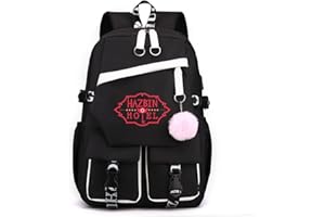 LKY STAR Unisex Tagesrucksäcke Hazbin Hotel Schulrucksack mit Haarballen Anhänger Anime Angel Dust/Alastor Schulranzen Damen Wasserdicht Rucksack