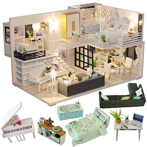 CUTEBEE Miniature avec des Meubles de Maison de poupée, kit DIY Dollhouse en Bois Ainsi Que la poussière et Le Mouvement de la Musique, 1:24 Salle créative pour l'idée Cadeau Saint Valentin