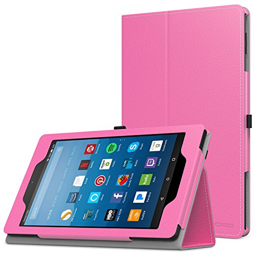 MoKo Hülle für All-New Amazon Fire HD 8 Tablet (7th Generation – 2017 Modell) - Kunstleder Ständer Schutzhülle Smart Cover mit Stift-Schleife für das neue Fire HD 8, Magenta