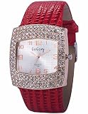 EASTPOLE Damen Armbanduhr Analog Quarzuhr Kristall Quadrat Zifferblatt Rot Uhr WAA839