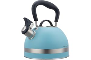 Kinghoff KH-1857 Bouilloire sifflante en acier inoxydable avec poignée rétractable pour toutes les plaques de cuisson, 1,8 l, bleu mat