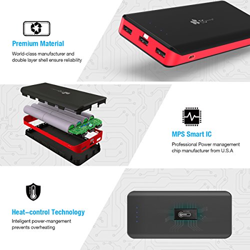EC TECHNOLOGY 22400  mAh batterie externe 3  ports USB Auto IC Sortie Portable Charge pour iPhone Samsung Galaxy et autres smartphones Noir et rouge 