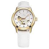 OUYAWEI Damen Analog Automatikwerk Skelett Armbanduhr mit weiß Lederband 1708-W