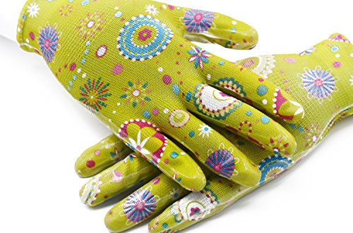 Gartenhandschuhe Arbeitshandschuhe Handschuhe mit Vollfinger Latexkratzer Beschichtung, Blumendruck, 1 Paar,Größe:8(M) - 3