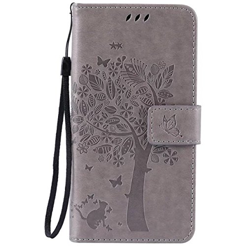Cozy Hut [New Style] Sony Xperia M4 Aqua Hülle in Katze und Baum muster seitlich aufklappbare Schutzhülle / integrierte Kartenfächer / Klapptasche Etui Wallet Stil Handy Tasche - grau