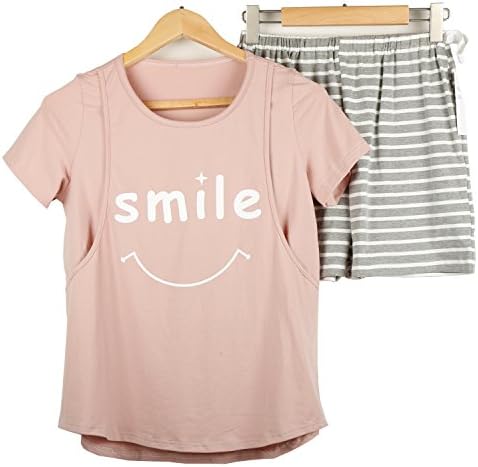 Epmami Womens Short Sets Nursing Pajamas/PJS Pink Maternity Nursing Sleepwear Short Sets (Medium)