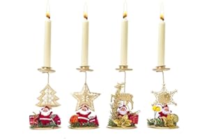 FEELAVA Candeliere in Ferro Natalizio, Confezione da 4 Candelabri dorati Ornamento da tavolo per caminetto Fiocco di neve vintage Albero di Natale Portacandele stella di alce per la cena Della Festa