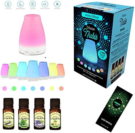 Difusian NUBIS - A Powerful Ultrasonic Aroma Therapy Essential Oil Diffuser with Color changing LED's + 4 FREE 10ml Essential Oil Bottles Included (Tea Tree, Peppermint, Lavender and Eucalyptus) - for Home, Yoga, Office, Spa, Bedroom, Baby Room etc.