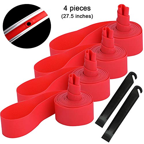 QitinDasen 4Pcs Premium PVC Bande de Jante de Pneu de Vélo, 27.5' Tapis de Protection de Tube Intérieur de Vélo Anti-Crevaison, Doublure de Pneu de Vélo, avec 2Pcs Levier à Pneu de Vélo (Rouge)