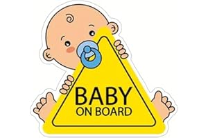 LITTLE FINDS Baby on Board Car Safety Sign, Yellow Triangle Warning Sticker with Cartoon Design (Blue)