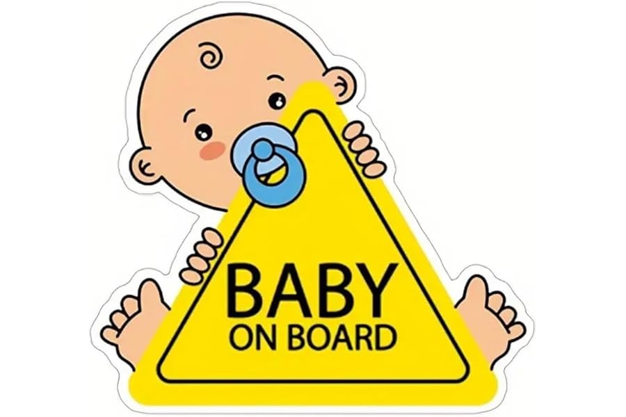 Baby on Board Car Safety Sign, Yellow Triangle Warning Sticker with Cartoon Design (Blue)