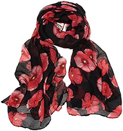 Bestoppen Women Scarf,Ladies Red Poppy Print Voile Scarf Scarves Fashion Long Wrap Shawl Winter Spring Waterfall Warm Scarf Girls Soft Scarves Stole Scarves Scarf Flower Beach Wrap (Black)