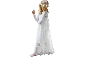 Aibaowedding Kinder Boho Spitzenkleid Prinzessinnenkleid mit Binde Gürtel Mädchen Chic A-Linie Lang Blumenmädchenkleider Brautjungfernkleid