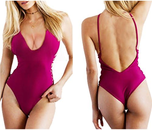 Sportgirls Womens Slingerie Rash Guard 90S Bathing Suit Clothing One-Piece Wide Band Triangle Top Cheeky Bottom Bikini Swimsuits Rose Red M