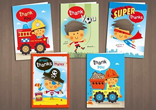 Children's Thank You Cards mixed boy 20 Pack Superhero/Fire Engine/Pirate/Footballer/Dumper Truck Driver