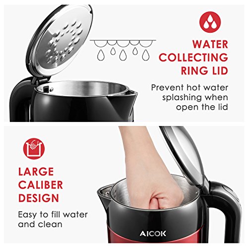 Aicok Wasserkocher, Voll Wasserkocher Edelstahl, Doppelwandig, Verbrühschutz, Auto Abschaltung, BPA frei, 2200 Watt, 1,7 Liter Rot - 4
