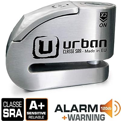 URBAN SECURITY UR14S Antivol Moto Homologué SRA Bloque Disque Alarme 120 db Warning Double verrouillage ø14 mm Acier Inox