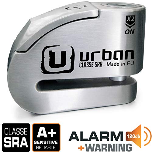Urban Security UR14S Candado Antirrobo Disco con Alarma 120 db + Warning, Alta Seguridad Homologado Sra, Eje 14 mm, Acero Inoxidable, Made in EU, diámetro